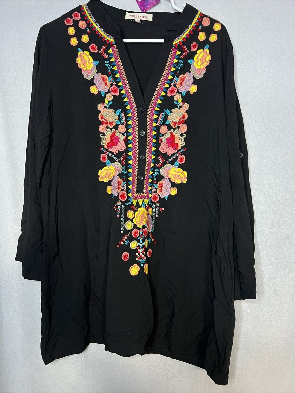 Solitaire Large Black Rayon Tunic with Multicolor Floral Embroidery PTP 22”